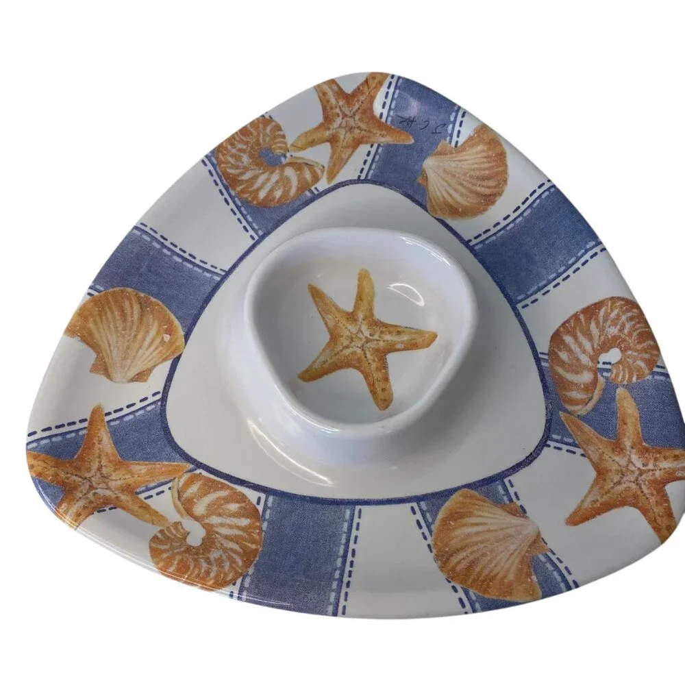 Starfish Seashell Melanine Triangle Chip & Dip Serving Plate Nautical Beach Hous